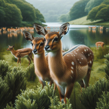 Fawns on a lake in the forest. 3d renderingの素材