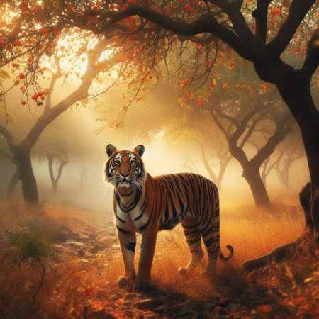 Tiger in the forest. Digital painting. 3D illustration.の素材