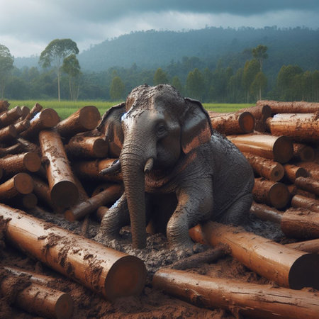 Elephant in the woodpile,Thailand,Asia.の素材