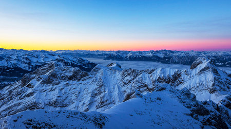 Panoramic view of the Dolomites at sunrise, Italyの写真素材