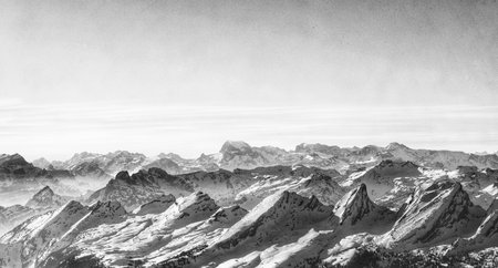 Panoramic view of the snowy mountains. Caucasus Mountains. Georgia. Toned.