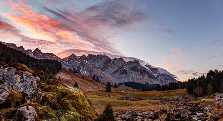 Sunset in Dolomites mountains, Italy. Panoramic viewの写真素材