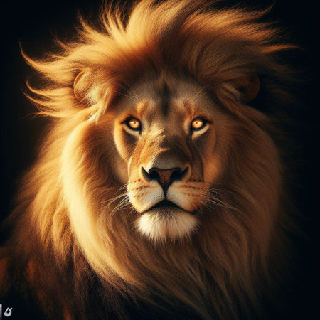Portrait of a lion with a long mane on a black backgroundの素材