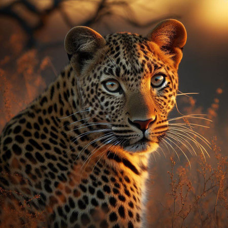 Leopard in the bush at sunset - digital painting of a wild animalの素材