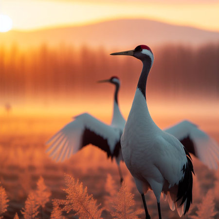 The Red-crowned crane, Grus japonensis, is a large bird in the crane family.の素材
