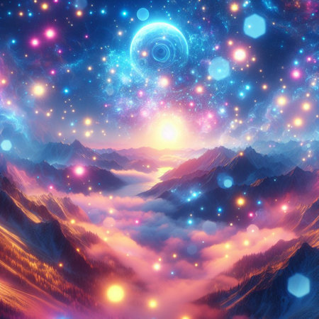 Fantasy alien planet. 3D surreal illustration. Sacred geometry. Mysterious psychedelic relaxation pattern. Fractal abstract texture. Digital artwork graphic astrology magicの素材