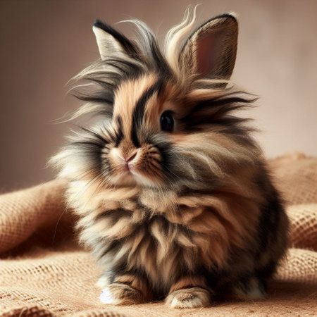 Adorable fluffy bunny on a brown background. Close-up.の素材