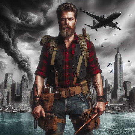 Handsome lumberjack with a beard on the background of the city.の素材