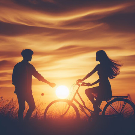 Silhouette of happy young couple riding bicycle at sunset background.の素材