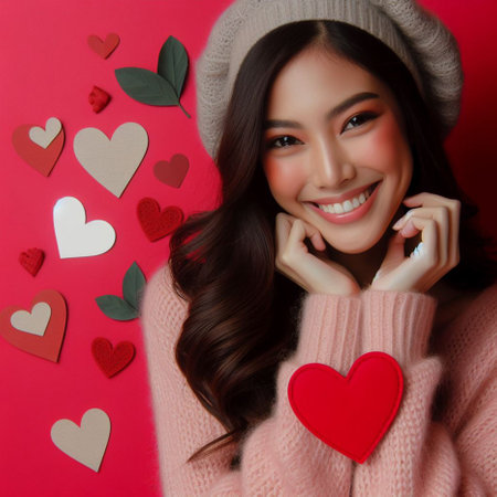 Beautiful asian woman with red heart on red background, valentine day conceptの素材