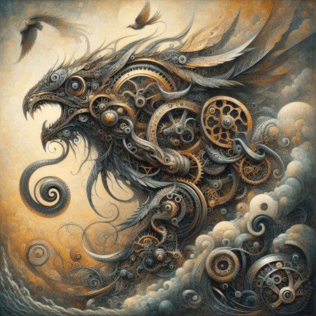 Steampunk background with dragon head, gears and clouds. Computer generated illustration.の素材