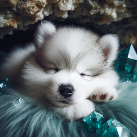 Cute alaskan malamute puppy sleeping in a nest of green stonesの素材