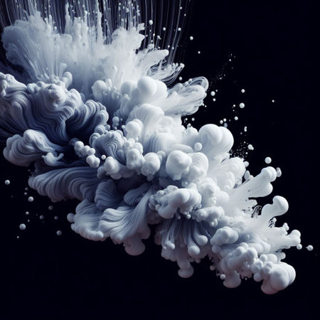 Abstract paint splashes isolated on black background, digitally generated image.の素材
