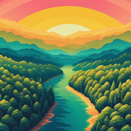 Mountain landscape with river and forest at sunset. Vector illustration.の素材