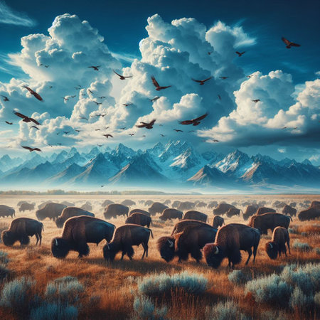Bison herd in the meadow with mountains in the background.の素材