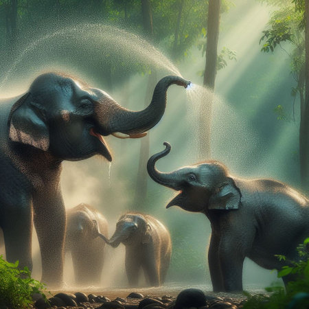 Elephants playing in the rainforest. 3d rendering.の素材