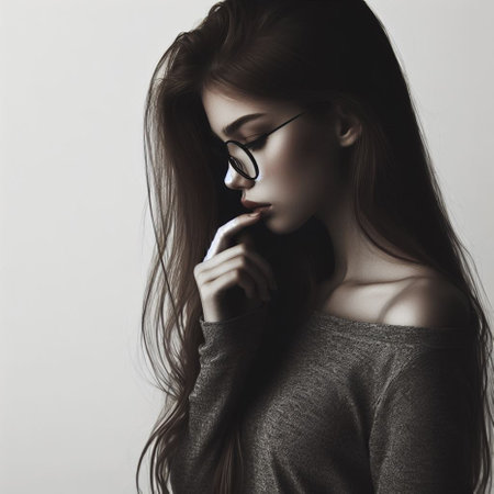 Portrait of a beautiful young woman with long hair and glasses.の素材
