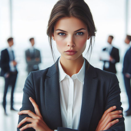 Portrait of a young business woman standing in office with colleagues in the background.の素材