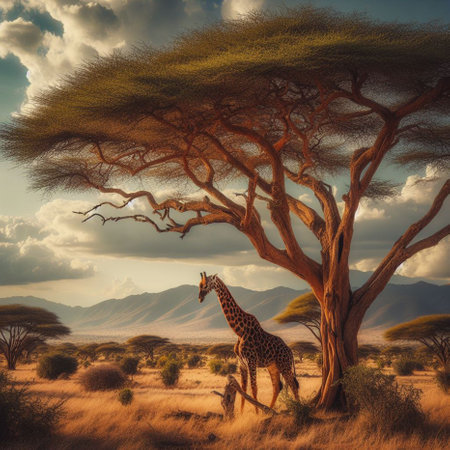African savannah with acacia trees and giraffe - digital paintingの素材
