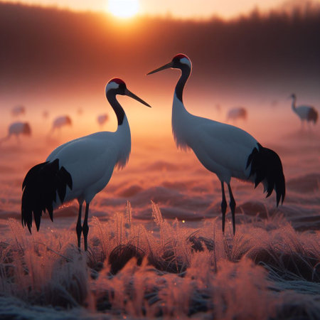 Cranes in the fog at sunrise. Beautiful nature scene.の素材