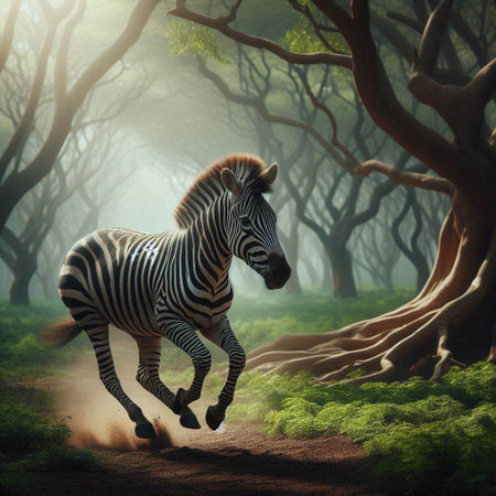 Zebra running in the forest. 3d render, illustration.の素材