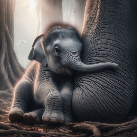 Baby elephant with mother in the forest, Thailand. Vintage tone.の素材
