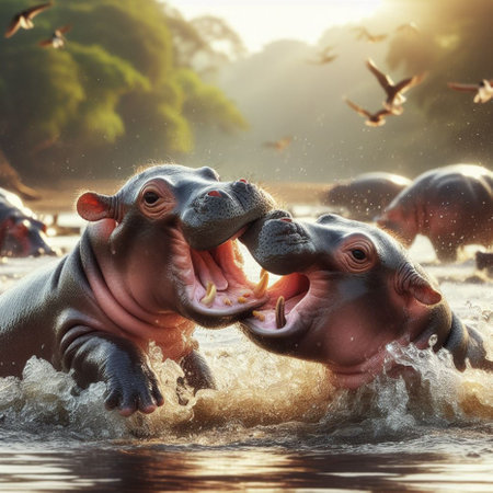 Hippos fighting in the water. Hippopotamus, Hippopotamus amphibiusの素材