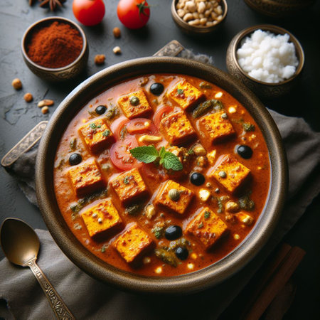 Paneer Butter Masala or Cheese Cottage Curry served in a bowl, selective focusの素材