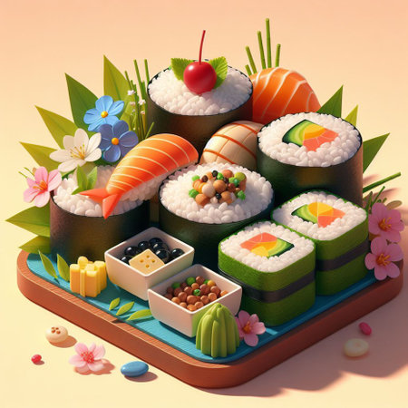 Sushi and rolls on a wooden tray. 3D illustration.の素材