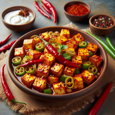 Tofu with chili pepper and sour cream. Selective focusの素材