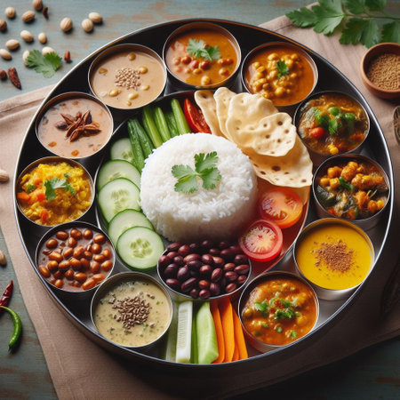 Assorted Indian food in bowl on wooden background, top view.の素材