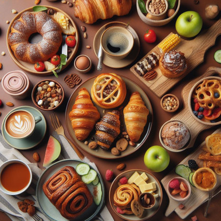 Breakfast served with coffee, croissants, fruits and vegetables on wooden tableの素材