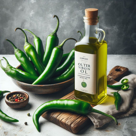 Bottle of olive oil with green hot chili peppers on gray backgroundの素材