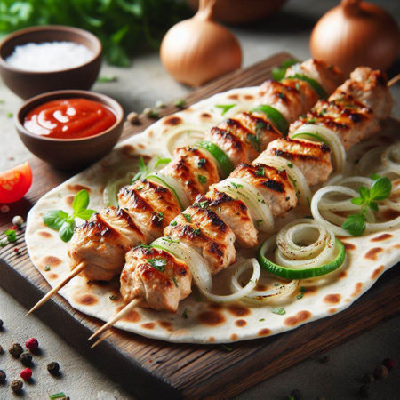 Chicken kebab on skewers with onion and tomato sauce.の素材