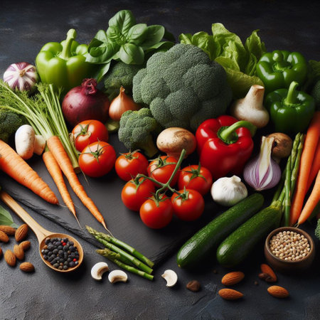 Composition with variety of raw organic vegetables on dark background. Balanced dietの素材