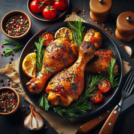 Roasted chicken legs with rosemary and spices on a dark backgroundの素材