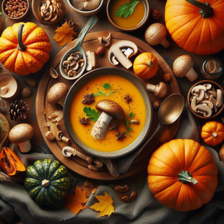 Pumpkin soup with mushrooms and spices on wooden background. Top viewの素材