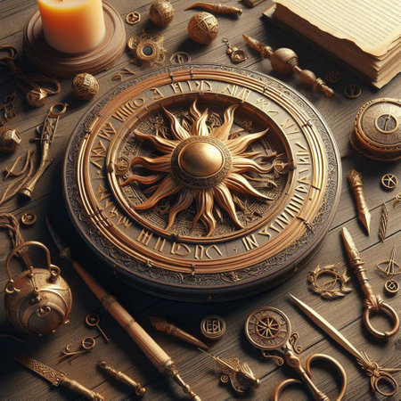 Vintage brass compass on wooden background. 3d render illustration.の素材