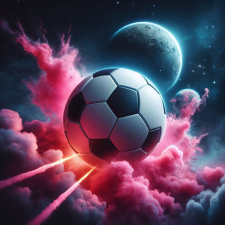 Soccer ball with colorful smoke in dark space. 3D renderingの素材