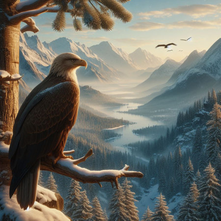 Bald Eagle sitting on the branch of a tree in winter mountainsの素材