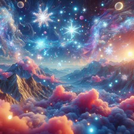 Fantasy space background with nebula and stars. 3D illustrationの素材