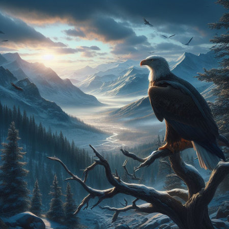 Bald eagle in the mountains at sunset. 3d illustration.の素材