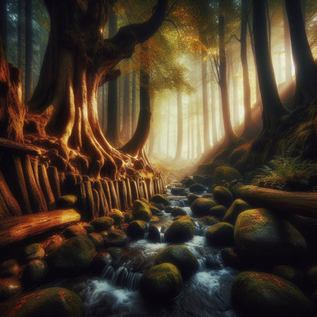 Mysterious forest with a river flowing through it - 3D renderの素材