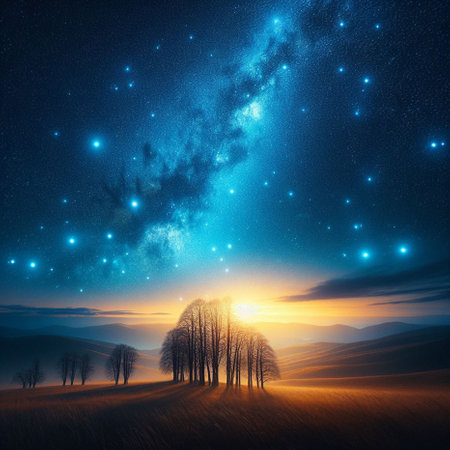 Fantasy landscape with starry sky, trees and milky wayの素材