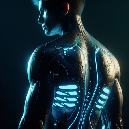 3D rendering of a male figure with visible muscles in blue lightの素材