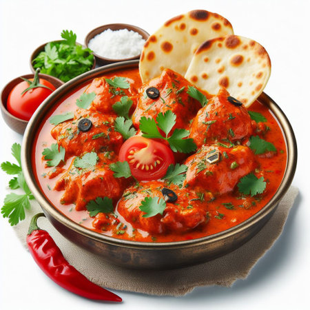 Chicken tikka masala or chicken tikka masala in tomato sauce with naan breadの素材