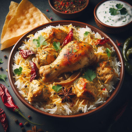 Chicken tikka masala or chicken biryani with rice, spices and vegetablesの素材