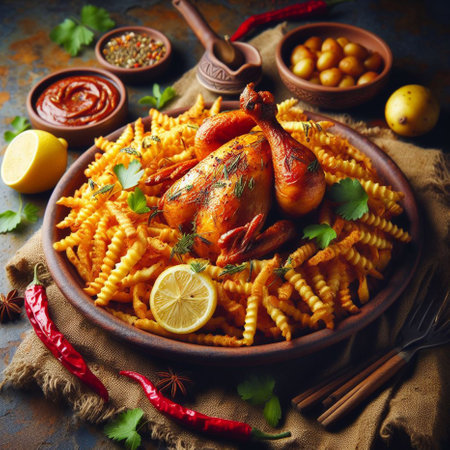 Baked chicken drumsticks with fusilli pasta, selective focusの素材