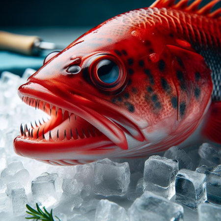 Red fish on ice with rosemary and knife on blue background.の素材