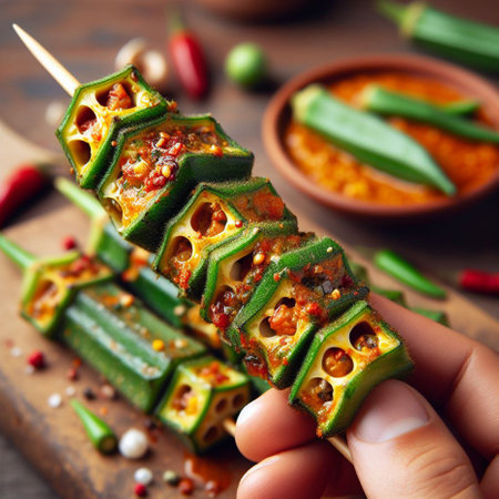 Grilled okra with chili sauce on wooden cutting board, selective focusの素材